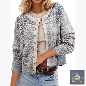 Leopard Print Cropped Cardigan Long Sleeve Button Up Lightweight Sweater